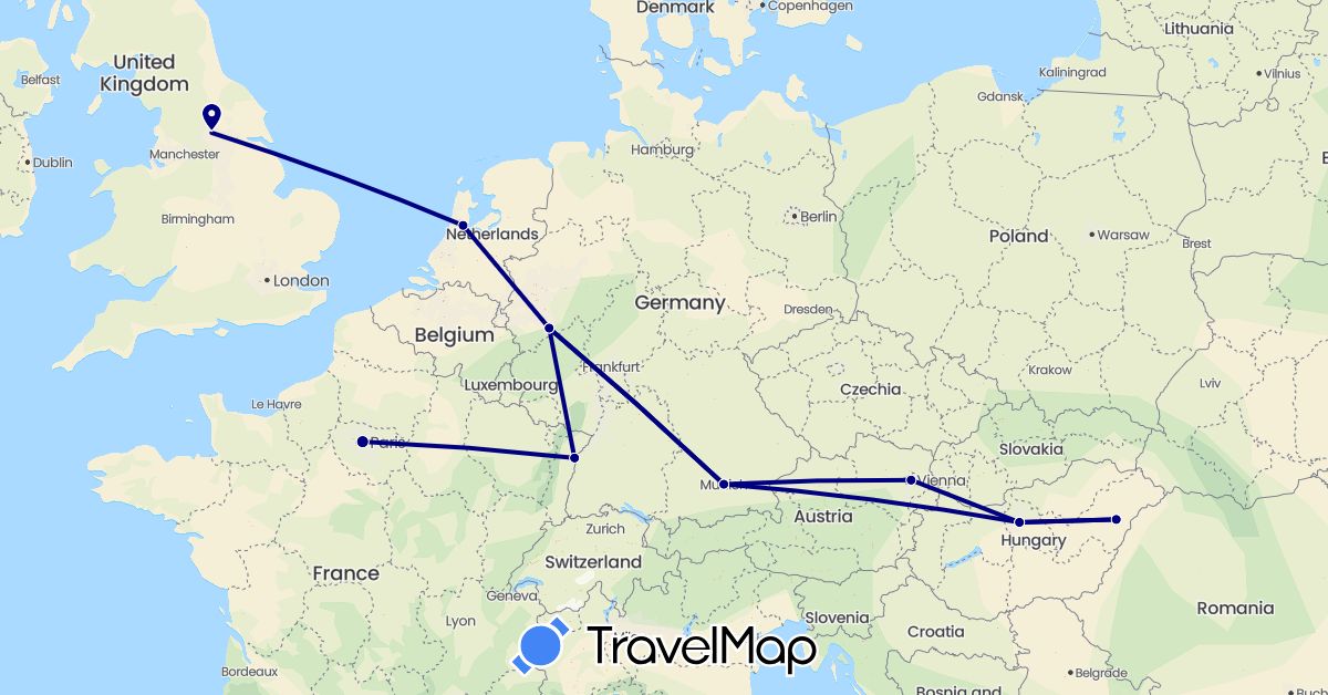 TravelMap itinerary: driving in Austria, Germany, France, United Kingdom, Hungary, Netherlands (Europe)